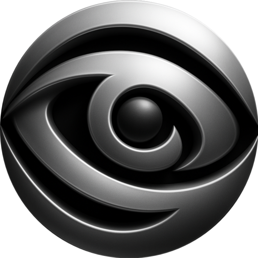 3D metallic eye-shaped logo with a sleek, circular design on a black background.