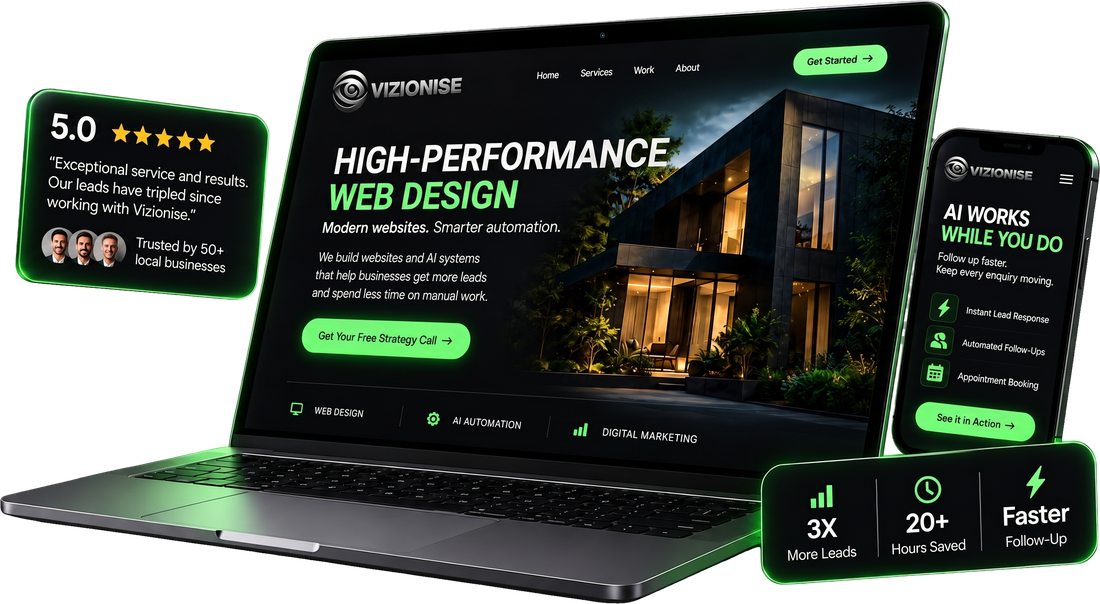Vizionise high-performance web design and AI automation shown on a laptop and phone with a five-star client review and lead results